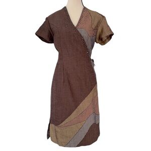 W 2 Women’s Earth-Tone Beaded Wrap Dress – Contemporary Artsy Elegance, Size M/L
